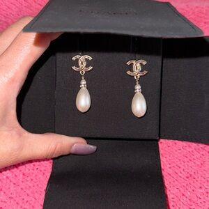 CHANEL 22S Gold CC Faux Pearl Crystal Drop Earrings